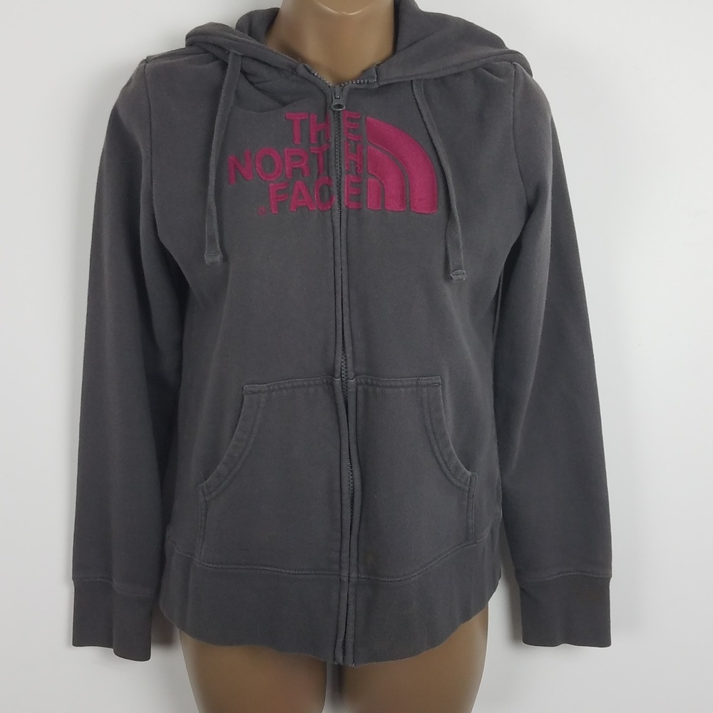 North Face Embroidered Full Zip Pink Gray Hoodie